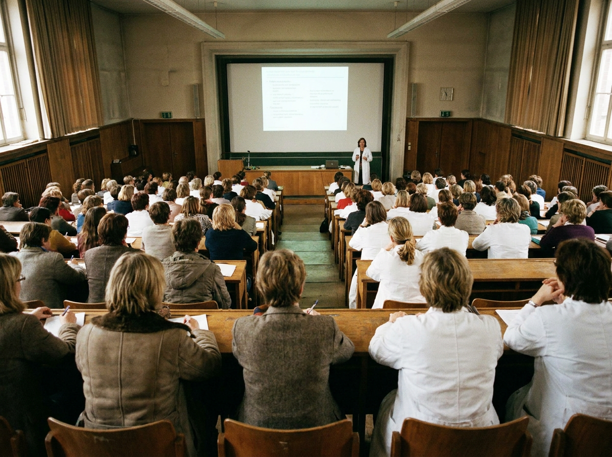 Lena Hartmann hält einen Fachvortrag vor einem vollen Hörsaal
