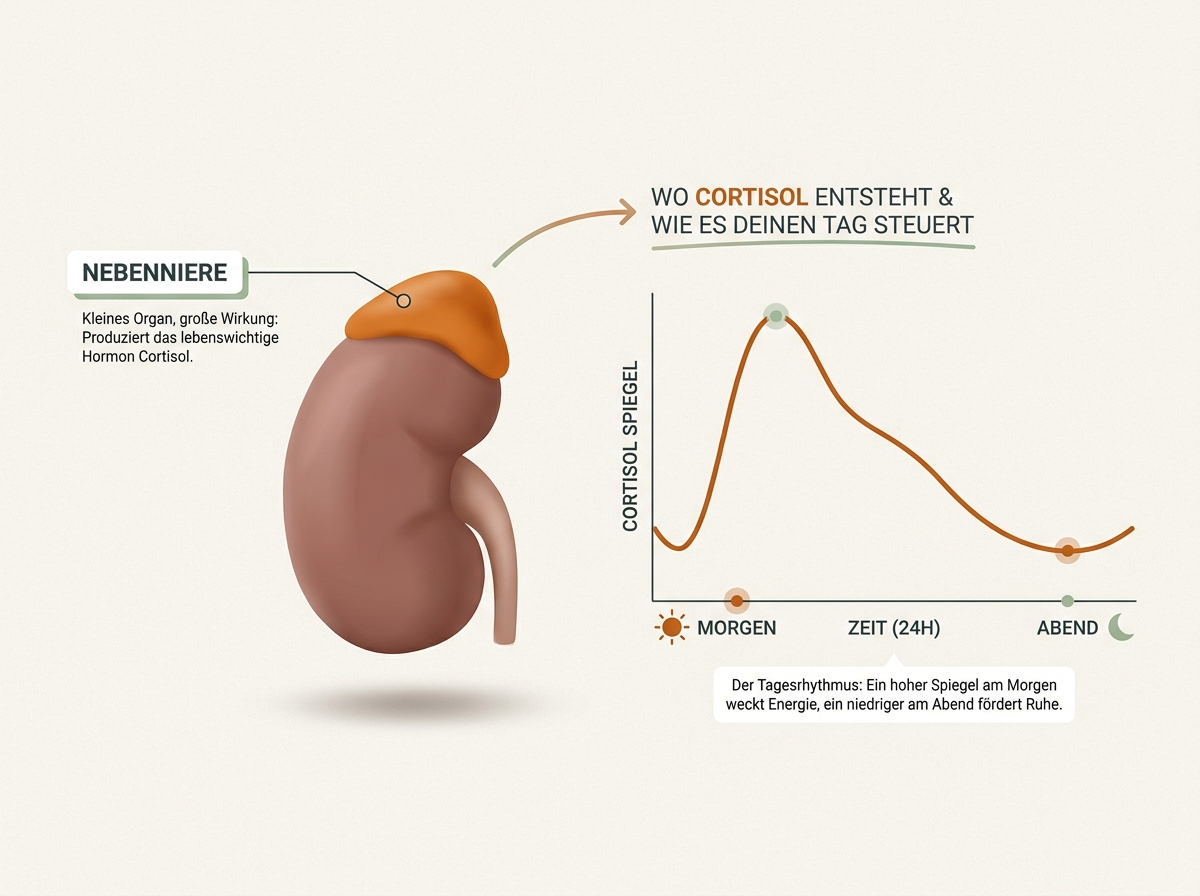 Erklärgrafik: Die Nebenniere auf der Niere produziert Cortisol, daneben der Tagesverlauf der Cortisol-Kurve