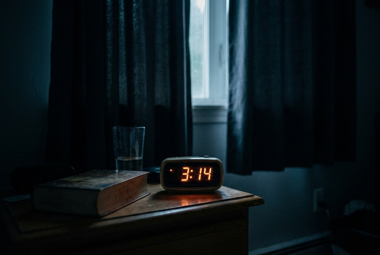 Wecker zeigt 3:14 Uhr in einem dunklen Schlafzimmer